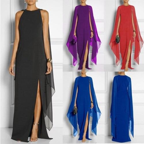 MAYUFLL S-2XL women chiffon dress sexy o-neck full batwing sleeve maxi dress female stitching solid evening party dress dresses