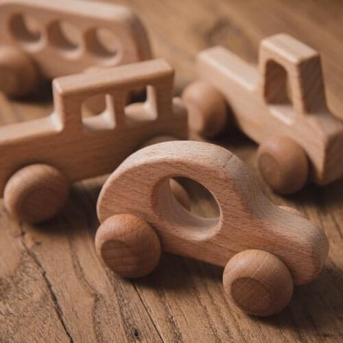 4Pcs/1Set Baby Wooden Car Toy Cartoon Educational Montessori Toys For Children Beech Wooden Blocks Teething Baby Teethers