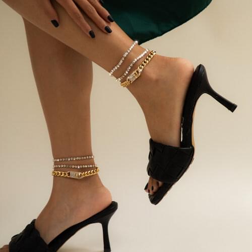 3pcs set fashion alloy claw chain rhinestone electroplating Cuban chain anklet combination set gold anklet