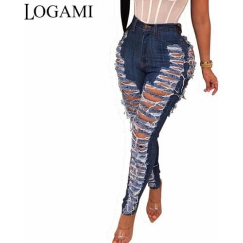 LOGAMI Ripped Washed Slim Stretch Jeans Woman High Waist Destroy Denim Pants Womens Sexy Jeans 2xl Pius Size