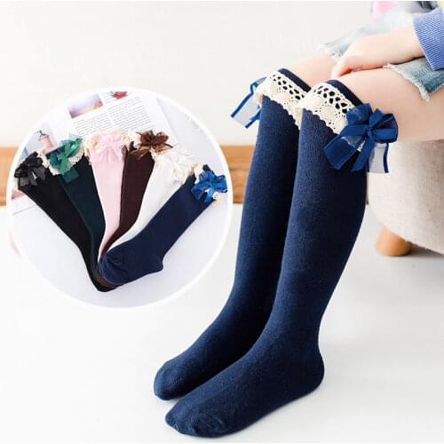 Summer Autumn Winter Girls Fashionable Cute Sports Stockings Casual Knee High Long Tube Combed Cotton Socks Lace Bowknot, 1 Pair