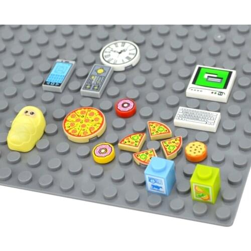DIY House Building Blocks City Accessories Printed Tile Computer Phone Clock Pizza MOC Parts Mushroom Money Coins Dollars Bricks