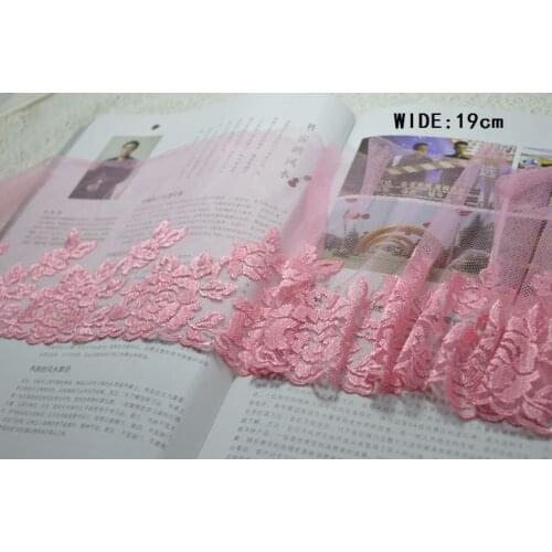 19CM Width (2yards/lot) Pink tulle embroidered lace fabrics embroidered lace trim