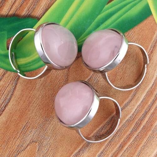 Trendy-beads Popular Silver Plated Oval Shape Stone Resizable Natural Rose Pink Quartz Ring Fashion Jewelry
