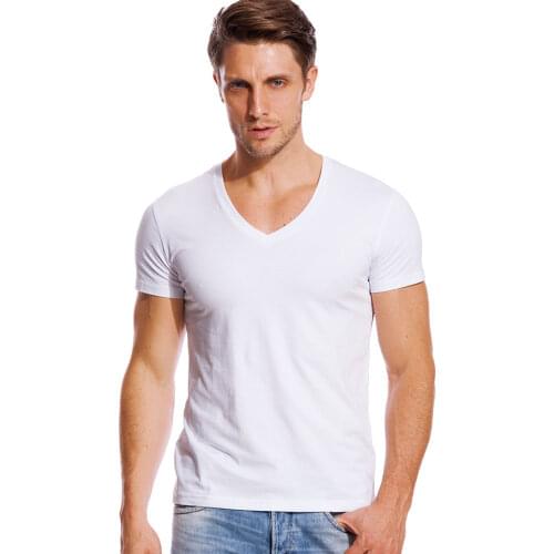 Deep V Neck T Shirt for Men Low Cut Wide Collar Top Tees Male Modal Cotton Slim Fit Short Sleeve Invisible Undershirt