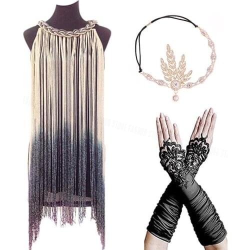 1920s Gatsby Sequin Fringed Paisley Flapper Dress with 20s Accessories Set xs,s,l,m,xl,xxl