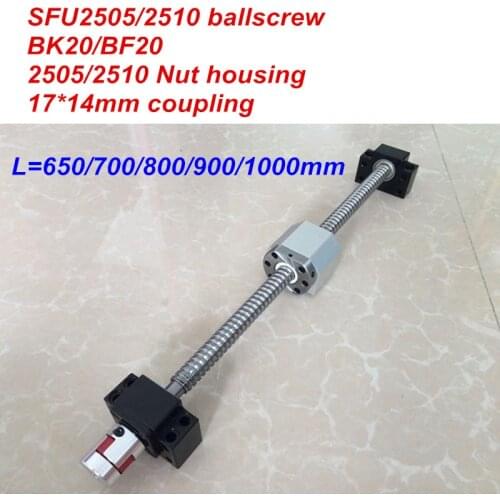 SFU2505 / SFU2510 650 700 800 900 1000 ballscrew + BK20/BF20 + Nut housing + 17*14mm Coupler CNC parts