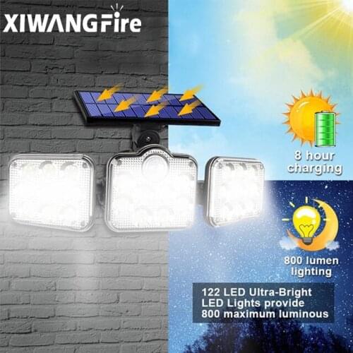 Super Bright Outdoor Solar Lights 3 Head Motion Sensor 270 Wide Angle Illumination Waterproof Remote Control 138 led Wall Lamp