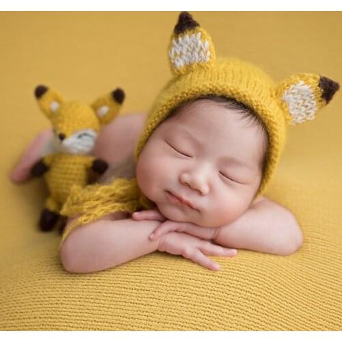 Knit Mohair Animal Stuffer And Toy Set Newborn Photography Props Crochet Fox Toy Cute Soft Hat Photo Props