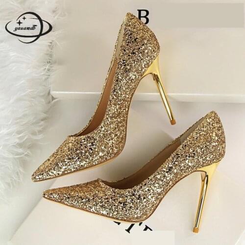 Yauamdb Women Pumps Female 34-40 Spring Autumn 9.5cm High Heels Pumps Sequins Platform Slip On Pointed Toe Ladies Shoes Ly64