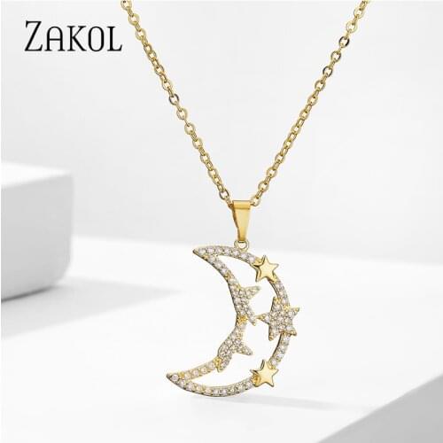 ZAKOL Sweet Temperament AAA Cubic Zirconia Star Moon Design Pendants Chain Necklace Two Colors Party Necklace Jewelry