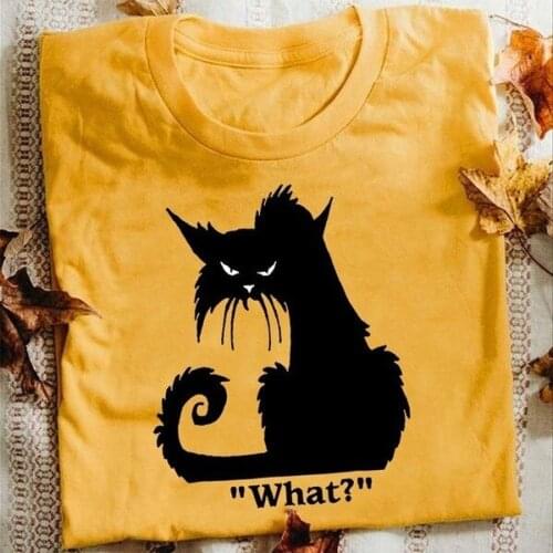 Black Cat What Tshirt Women Funny T Shirt Short Sleeve Halloween Tops Tees Femme Camisetas Verano Mujer Graphic Tees Women