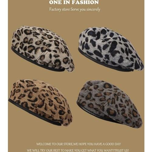 Womens Hat Cute Beret Vintage Hats For Women Leopard Felt Hat Beanie Woolen Winter Hat 2021 Womens Beret With Visor Warm