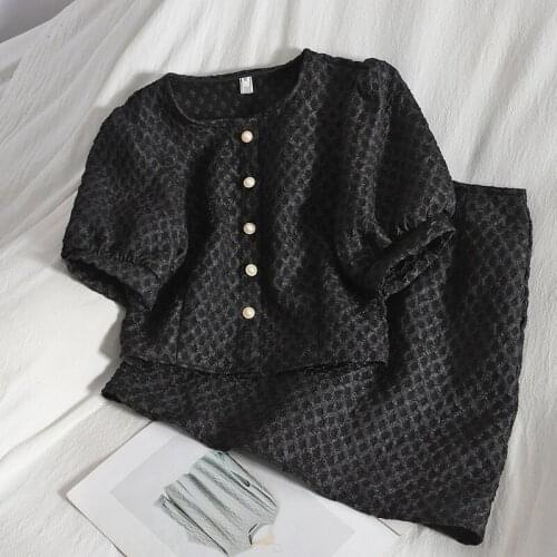 Spring Summer Fashion Women Solid Stylish Buttons Short Puff Sleeve O-Neck Top Shirts+High Waist Bodycon Skirt 2 Piece Set