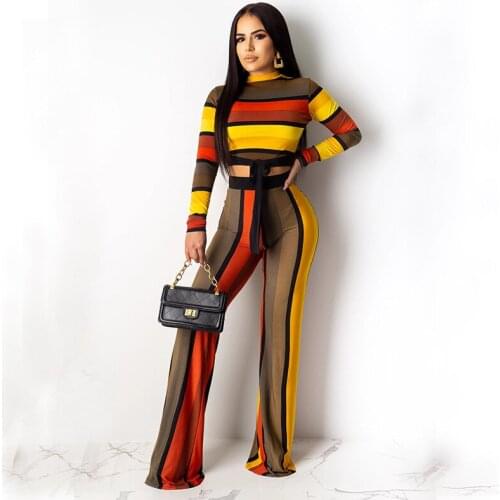Womens Knitted Suit Autumn Long Sleeve Sexy Crop Top Striped Fashion Top and Wide Leg Pants Sportswear 2-piece Womens Clothing