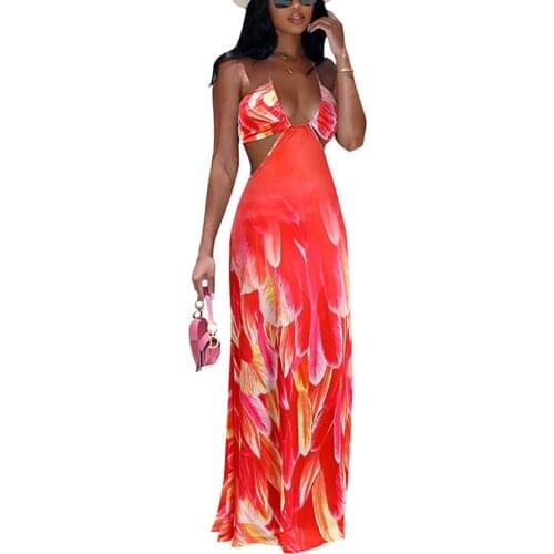 Stylish Women Elegant Long Dress Feathers Print Sleeveless Spaghetti Strap Summer Female Backless Sexy Vestidos Halter Dresses