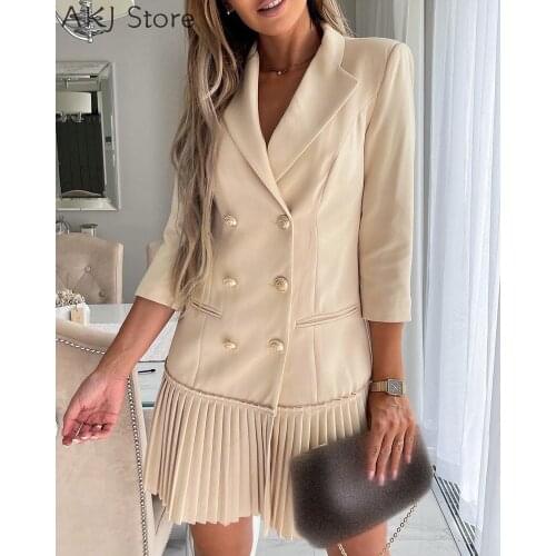 Women Elegant Double Breasted Pleated Blazer Dress