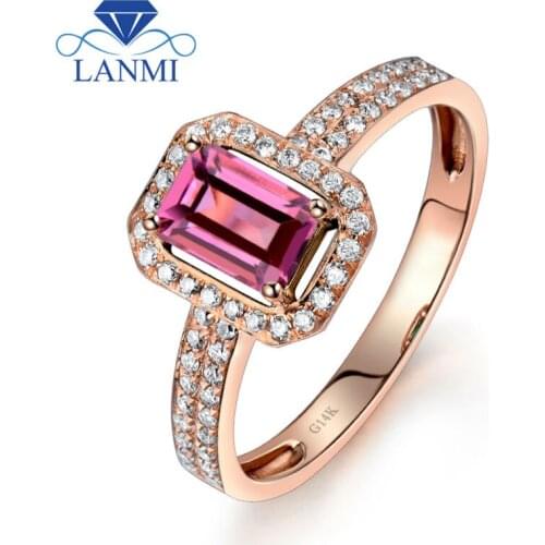 Tourmaline Engagement Ring For Women Emerald Cut 4x6mm Solid18K Rose Gold Diamond Natural Tourmaline Gemstone Ring For Sale