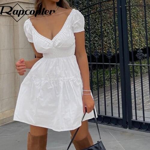 Rapcopter White Mini Dress Puff Sleeve Sundress Pure V Neck Dress Korean A Line Dress Summer Beach Short Dress Women Streetwear