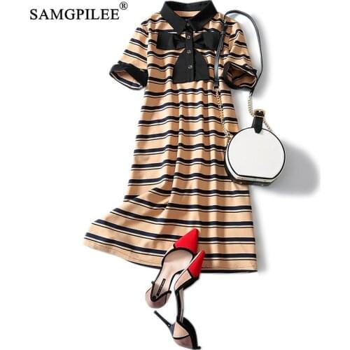 Dresses Summer 2021 Woman Casual Dress A-line Striped Short Clothes Woman Bow Korean Style Turn-down Collar Womens Dresses 4XL