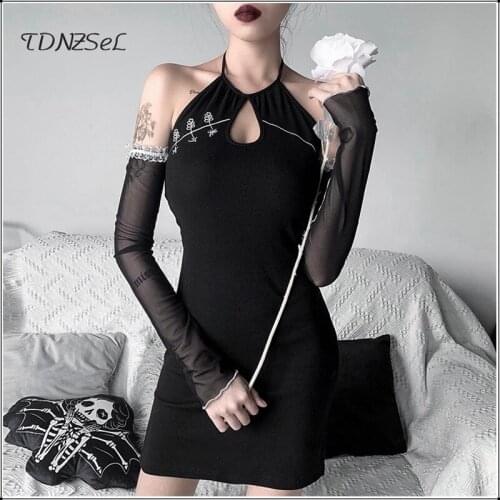 Women Sexy Lace Long Sleeve Backless Dress Open Shoulder Halter Short Mini Sheath Dresses Summer Black Gothic Nightclub Dress