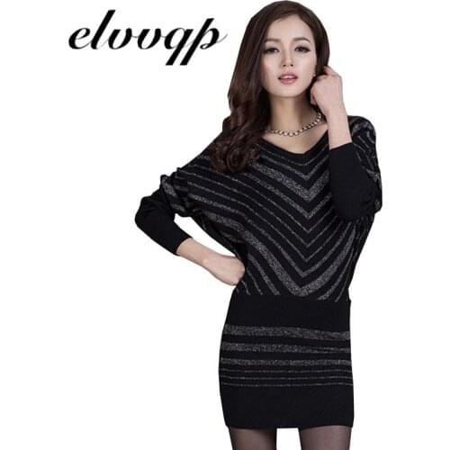 Korean Sweater Dress Fashion Women Striped Knitted Elegant Batwing Sleeve Dress Plus Size Autumn Winter Women Knit Dresses