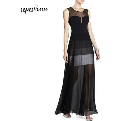 Free Shipping High Quality Runway Party Long Dress Women O-neck Sleeveless Bodycon Mesh Splicing Dress Sexy Evening Club Vestido