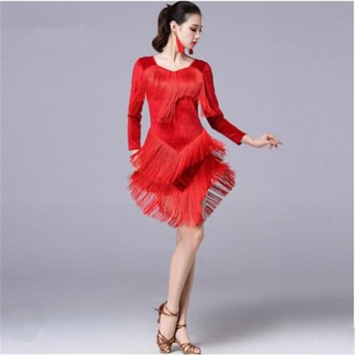 2019 New Sexy Unequal Women Girls Lace Tassel Latin Skirt Ladies Fringe Latin Tango Ballroom Salsa Performance Dance Dress