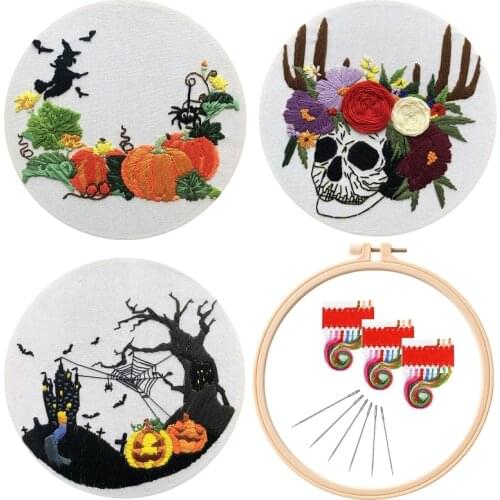 3 Pcs Halloween Embroidery Starter Kit for Beginners, Modern Embroidery Kits, Contains all Embroidery Tools, English Description