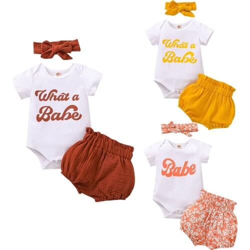 3Pcs Baby Girls Outfit Sweet Style Short Sleeve Round Collar Letter Romper + Floral /Solid Color Shorts + Bow Headwear