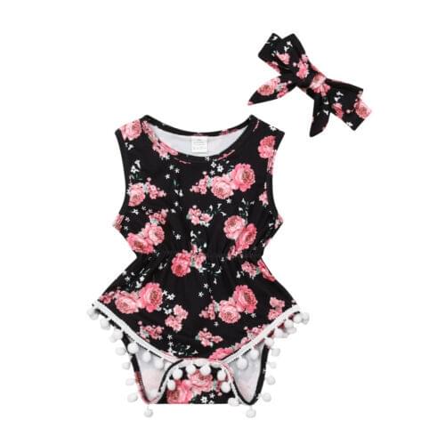 Newborn Infant Baby Girls Floral Print Sleeveless Bodysuit Tassel Clothes Outfits Sunsuit