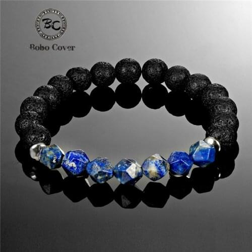 Bobo Cover Natural Stone 8mm Beads Charm Bracelets Men Blue Black Irregular cutting Jewel Mala Meditation Yoga Bracelet homme