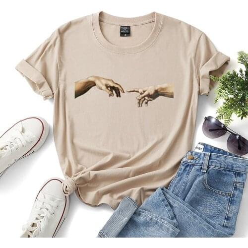 Michelangelo The Creation of Adam Tshirt Women Aesthetic Sistina Hand Personality Print T-shirt Vintage 90s Graphic Top Tees