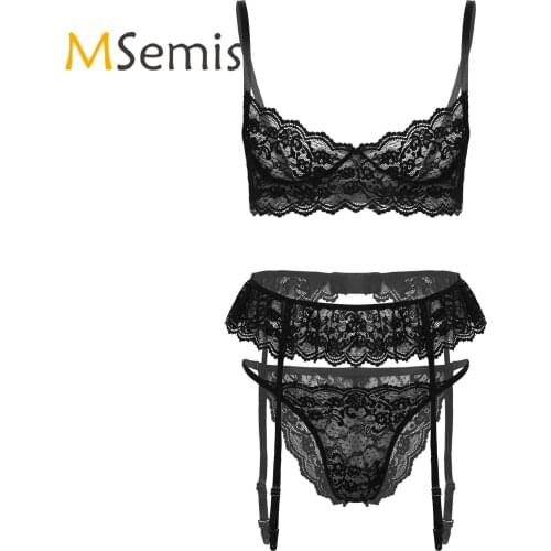 Mens Sissy Crossdresser Lingerie Set See-through Floral Lace Sissy Underwear Nightwear Unlined Bra with Thong Briefs Garter Belt