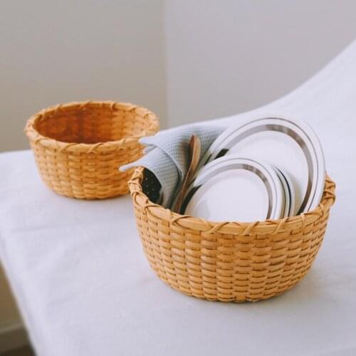 Japanese Style Round Rattan Storage Basket Handmade Woven Fruit Eggs Organizer Wooden Small Stuff Organizers Home Table Decor