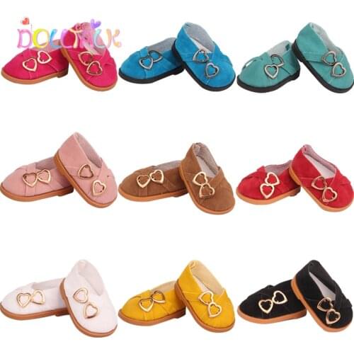7.5 cm Doll Shoes PU Leather 9 Colors Double Hearts Flat-On Shoes For Reborn Baby 43 cm&18 Inch American Dolls Toys For Girls