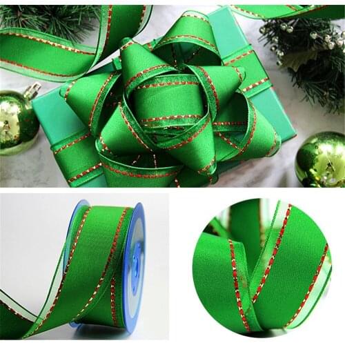38MM X 25 Yards Green Taffeta Organza Wire Edge Ribbon With Red Stitches for Birthday Decoration Gift Wrapping 1-1/2"