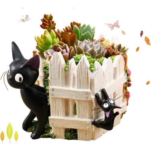 Cute black cat cartoon resin small pots Beautifully Naughty cat fence micro landscape Flower Pots plant pot