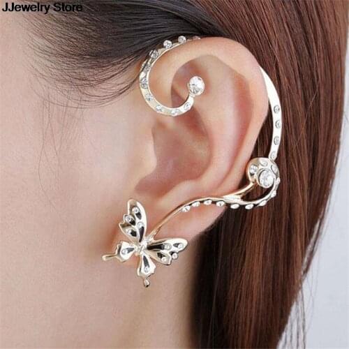 New 1 Pair Crystal Rhinestone Butterfly Cuff Ear Clip On Earrings Wrap New Fashion Women Clip Earrings Woman Girl Jewelry Gift