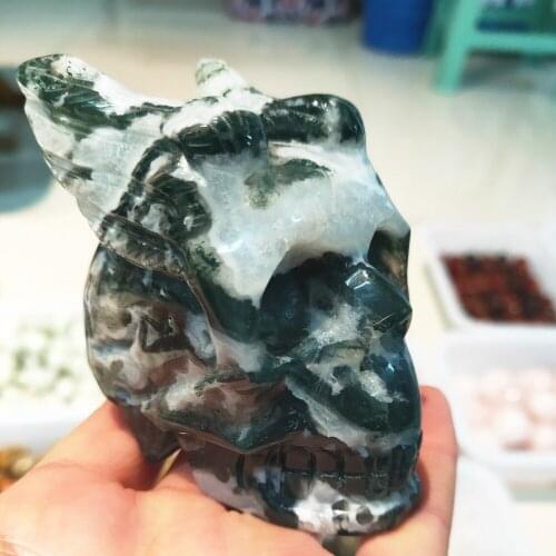 New product quartz Skull Natural GREEN ONYX crystal skull aqua-plant Gemstone Furnishing Figurine Carving with wings Healing