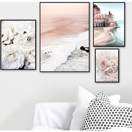 Landscape Poster Pink Beach Canvas Painting White Flower Wall Art Print Nordic Picture For Living Room On The Wall Home Decor