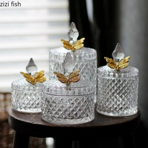 Transparent Glass Jar Storage Tank Metal Butterfly Feather Decorative Jar Candy Jars Jewelry Box Cotton Swab Box Food Container