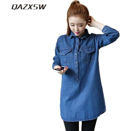 QAZXSW Spring Plus Size Women Denim Dress 2018 New Vintage Irregular Shirt Jeans Dress Women Harajuku Mini Dresses Vestido HB556