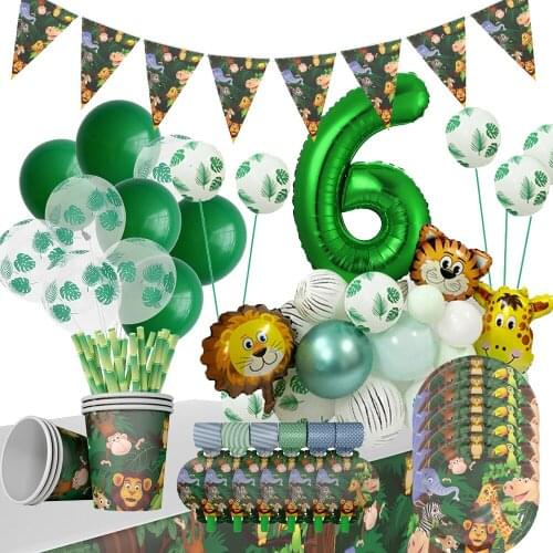 Jungle Animal Party Supplies Safari Theme Birthday Disposable Tableware Set Summer Ropical Palm Leaf Balloon Baby Shower Boy