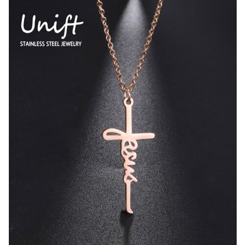 Unift Simple Cross Jesus Necklace Pendant Stainless Steel Fashion Charms Neck Jewelry Women Accessories Bless Anniversary Gift
