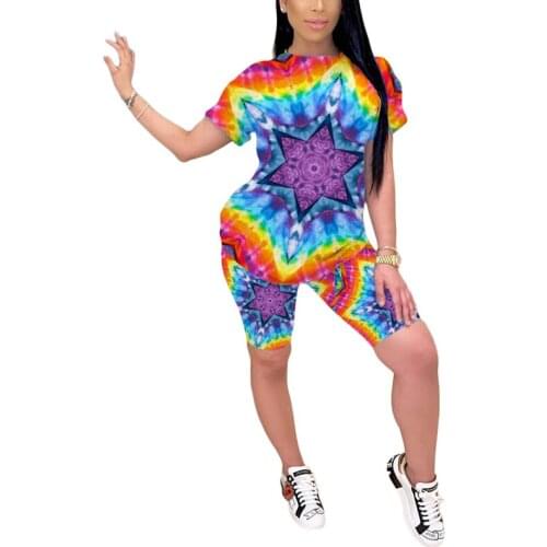 Women 2 Piece Top Shorts Suit Rainbow Star Pattern/ Striped/Tie Dye Printed Short Regular Sleeve Round Neck Stylish Sets