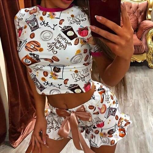 2PCS Set Retro Fashion Women Coconut Candy Print Causal Summer Suits Short Sleeve Crop Tops Skinny Shorts Tracksuit