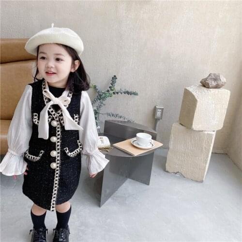 2021 New Spring Girls Dresses Long Puff Sleeve Fake Two Pieces Lady Style Princess Dresses Girl Clothes E2042