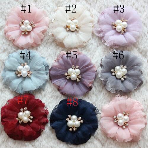 100PCS Lace Flower With Rhinestone For Baby Girls Hair Accessories Rose Flower Cute Fabric flowers No hair Clip for Headband