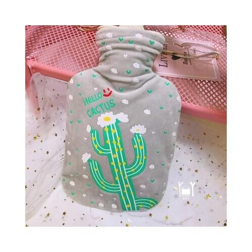 Free shipping 500ml light grey cactus pattern hot water bag cute cartoon printed plush water filling portable mini hot water bag